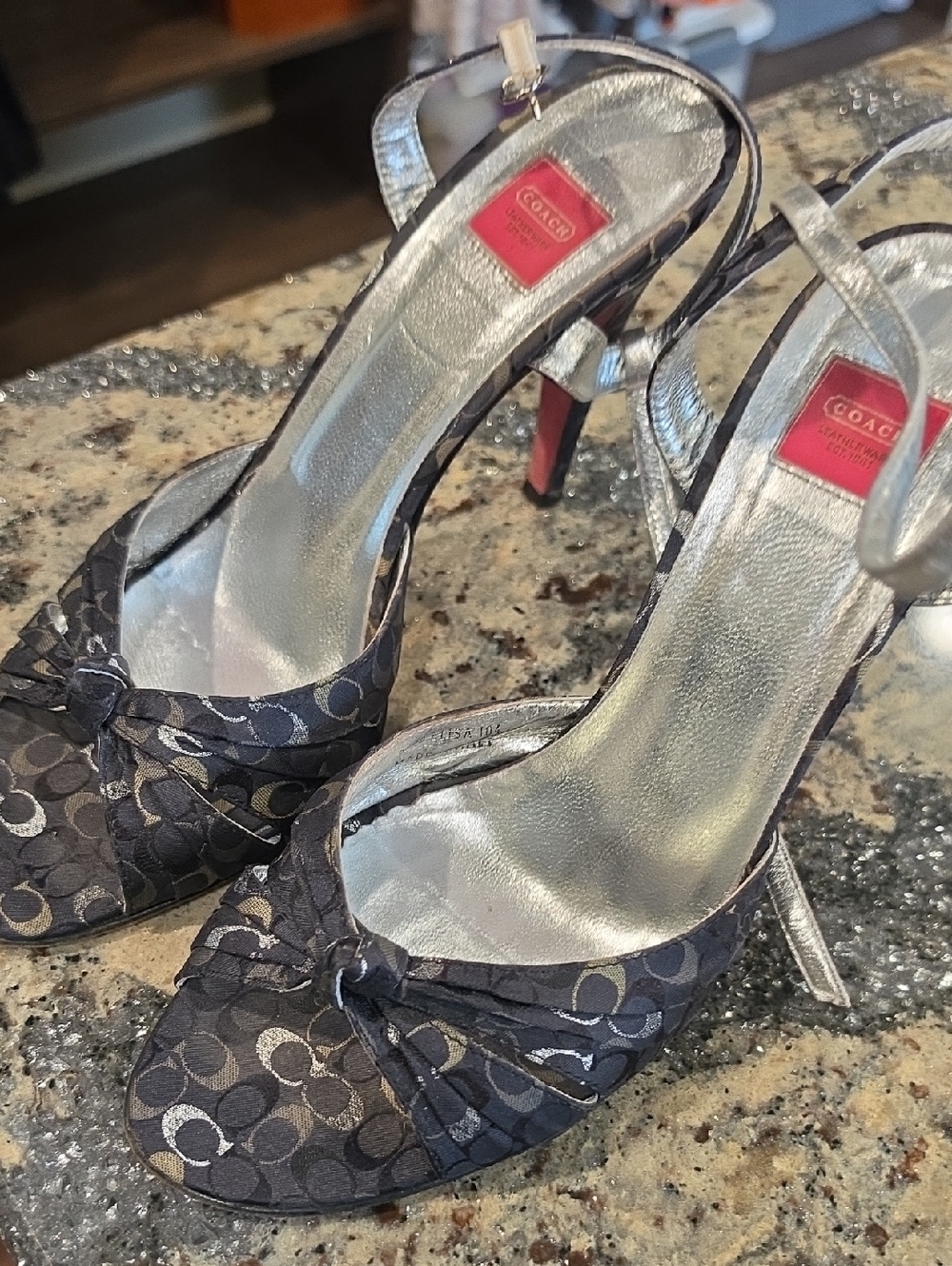 Coach Black Signature Slingback Heels with Silver Footbed